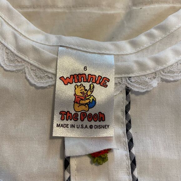 Vintage Winnie The Pooh Dress 2T Black White Gingham Pinafore USA Made Lace - Picture 16 of 16